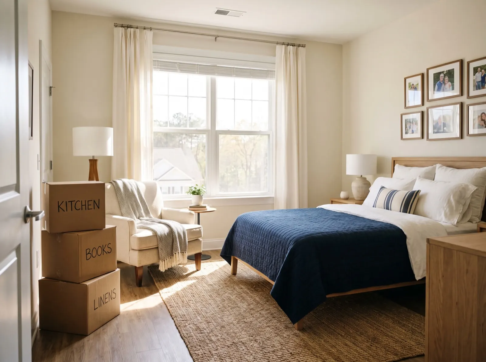 A bedroom set up in a senior living apartment, with labeled moving boxes by the door