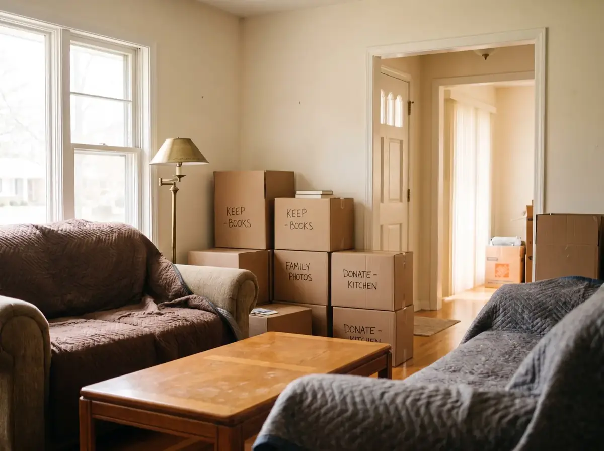 A living room with furniture wrapped in moving blankets and boxes labeled Keep, Family and Donate