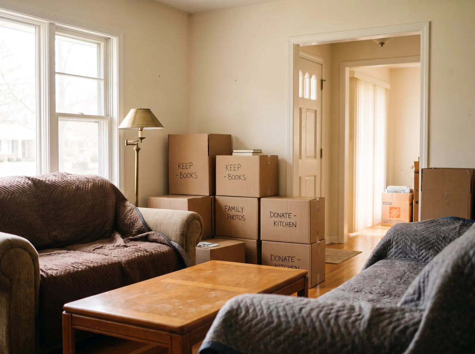 A living room with furniture wrapped in moving blankets and boxes labeled Keep, Family and Donate