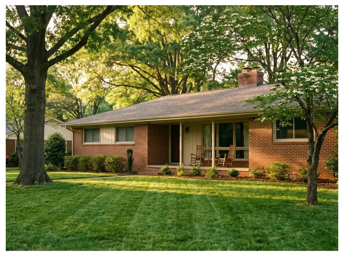 A brick ranch home with a front porch in a Raleigh neighborhood