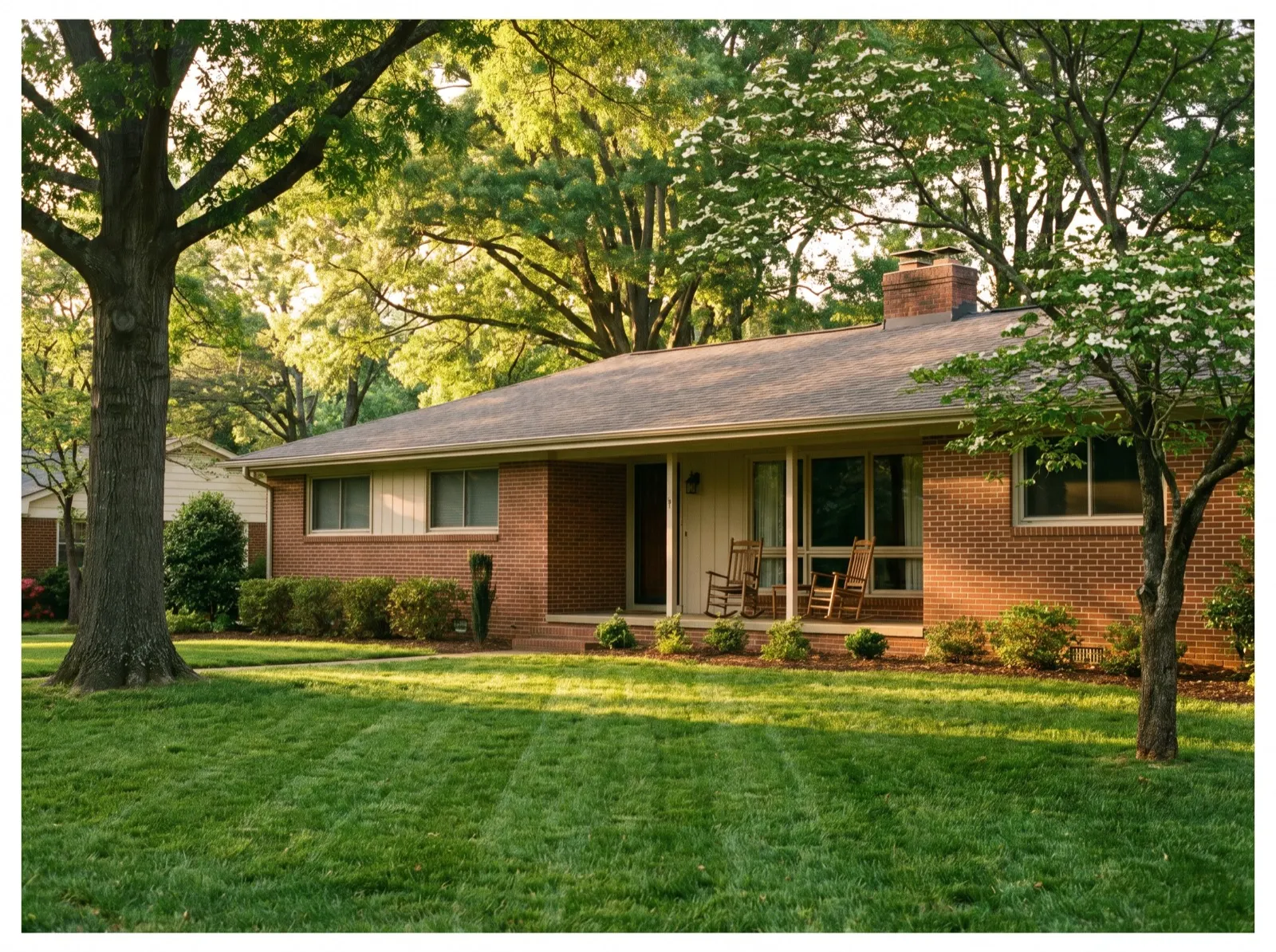 A brick ranch home with a front porch in a Raleigh neighborhood