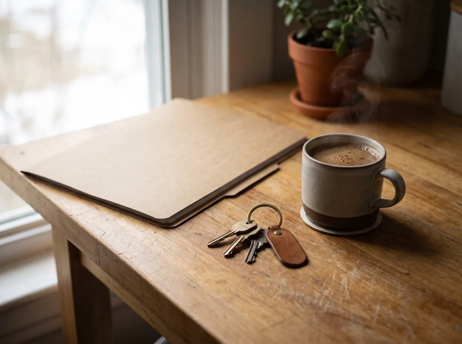 House keys and a folder on a kitchen counter