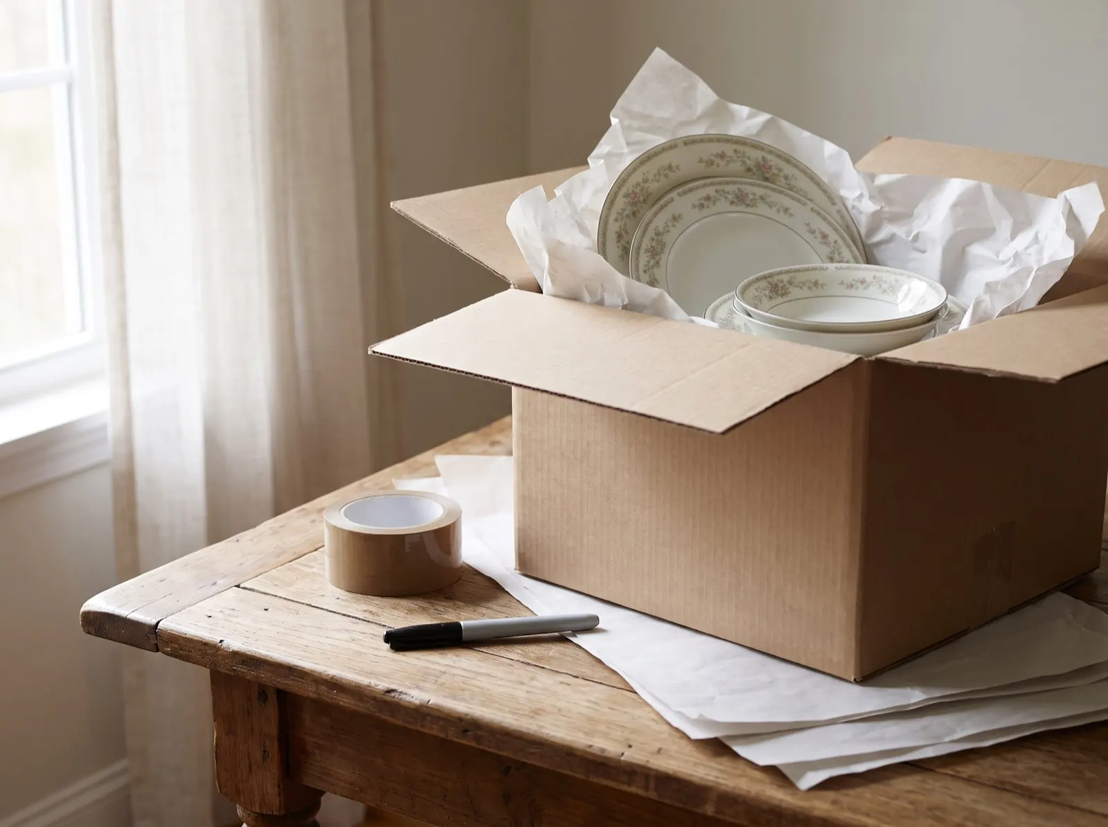 Fine china being wrapped in packing paper inside a moving box